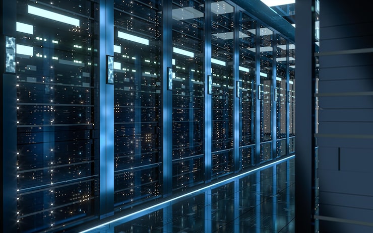 Fileiras de servidores iluminadas em um data center